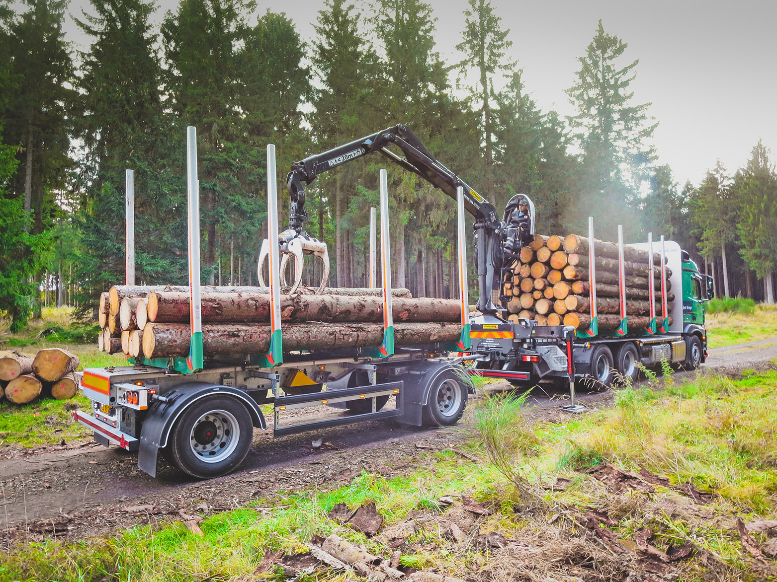 Seitliche Hinteransicht von einem Kurzholz LKW mit Ladekran und 2-Achsanhänger bei der Beladung von Holzstämmen im Wald